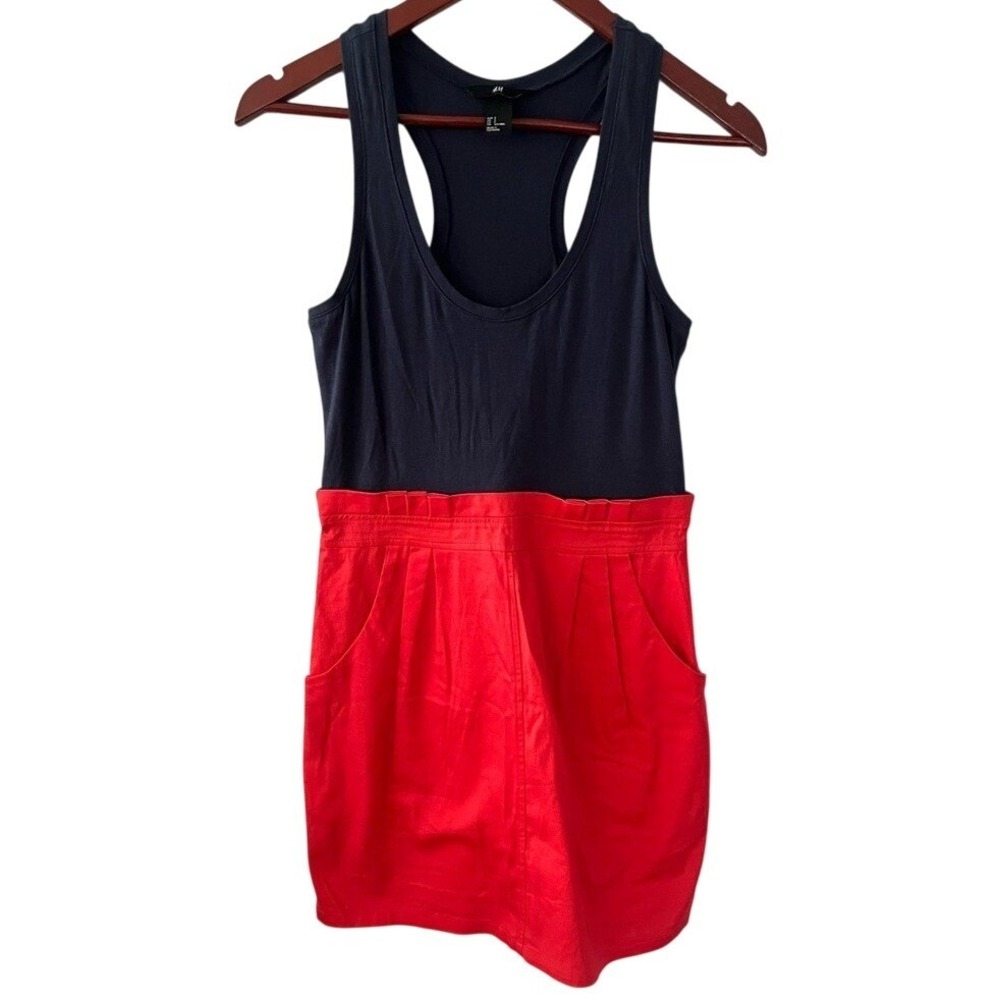 HM Women Navy Blue Red Colorblock Racerback Mini Dress Pockets Small